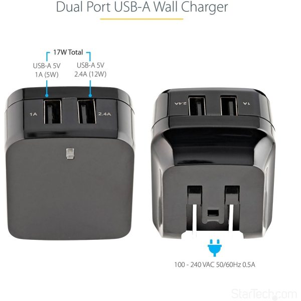 StarTech.com 2 Port USB Wall Charger, 17W Wall Charger Hub (2.4A & 1A port), Dual USB-A Power Adapter, Portable Charger for Phones/Tablets - Image 2