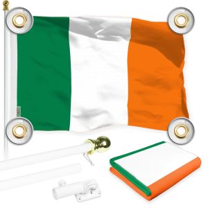 G128 Combo Pack: 6 Ft Tangle Free Aluminum Spinning Flagpole (White) & Ireland Irish Flag 3x5 Ft, LiteWeave Pro Series Printed 150D Polyester, 4 Corner Brass Grommets | Pole with Flag Included