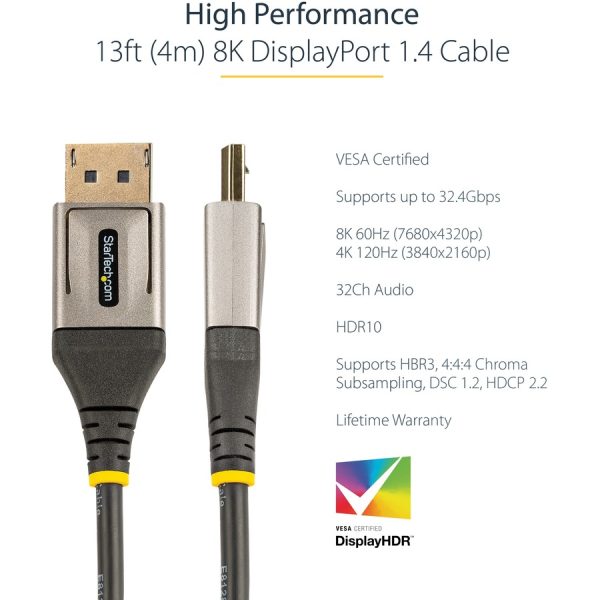 StarTech.com 13ft (4m) VESA Certified DisplayPort 1.4 Cable, 8K 60Hz HDR10, UHD 4K 120Hz Video, DP to DP Monitor Cord, DP 1.4 Cable, M/M - Image 5
