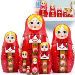AEVVV Nesting Dolls Set of 7 pcs   Baboushka Nesting Dolls in Hand Painted Red Head Scarf and Sarafan Dress with Ornaments   Russian Dolls Nesting Dolls