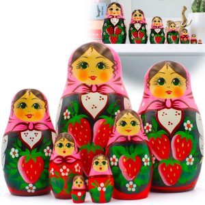 AEVVV Nesting Dolls Set of 7 pcs   Russian Doll in Pink Head Scarf and Sarafan Dress with Hand Painted Strawberry Decorations   Matryoshka Nesting Dolls