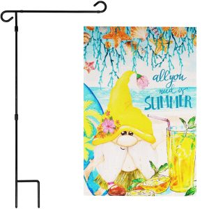 G128 Combo Pack: Garden Flag Stand Black 36 in x 16 in & Garden Flag Summer Decoration All You Need is Summer Gnome 12"x18" Double-Sided Blockout Fabric