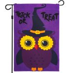 G128 - Halloween Garden Flag, Trick or Treat Quote with Cute Owl, Garden Yard Decorations,  | 12x18 Inch | Printed 150D Polyester - Rustic Holiday Seasonal Outdoor Flag