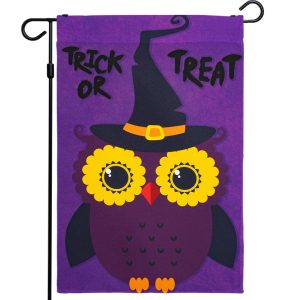 G128 - Halloween Garden Flag, Trick or Treat Quote with Cute Owl, Garden Yard Decorations, | 12x18 Inch | Printed 150D Polyester - Rustic Holiday Seasonal Outdoor Flag