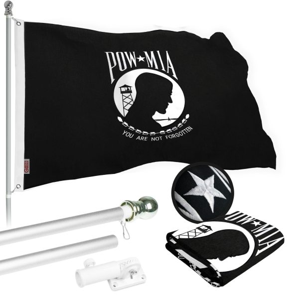 G128 Flag Pole 6 FT Silver Tangle Free & POW MIA Flag Emb 3x5 FT Combo Embroidered Spun Polyester