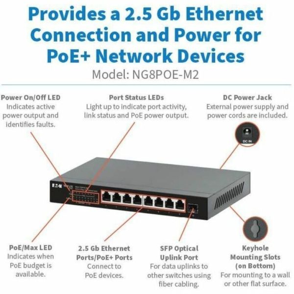 Eaton Tripp Lite Series 8-Port 2.5 Gbps Desktop Gigabit Ethernet Unmanaged Switch with PoE+ Pass-Through, 100W, Metal Enclosure, TAA - Image 8