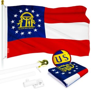 G128 Combo Pack: 5 Ft Tangle Free Aluminum Spinning Flagpole (White) & Georgia GA State Flag 2.5x4 Ft, ToughWeave Series Embroidered 300D Polyester | Pole with Flag Included
