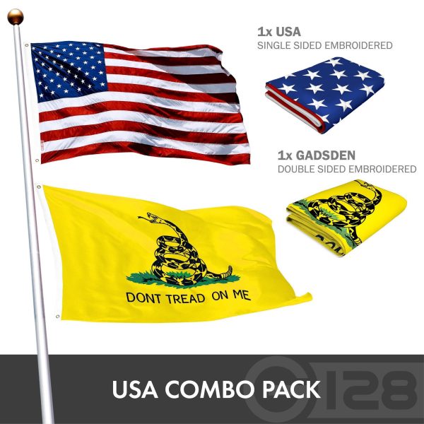 G128 Combo Pack: American USA Flag ToughWeave Series 20x30 In Single Sided & Gadsden Don't Tread On Me Flag Double Sided 20x30 In Double ToughWeave Series | Both Embroidered Polyester, Brass Grommets - Image 2
