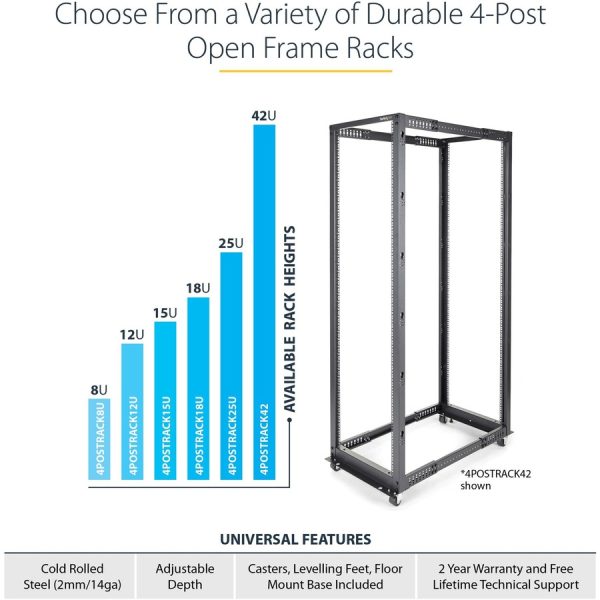 StarTech.com 4-Post 12U Mobile Open Frame Server Rack, 19" Network Rack with Casters, Rolling Rack for Computer/AV/Data/IT Equipment - Image 5