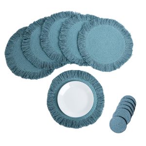 The Fine Living Co. Braided Cotton Placemats (Set of 6 15 Inches) with 6 Free Coasters Washable Anti Slip Heat Resistant Mats Boho Woven Round Table Mats for House Decor Kitchen and Dining