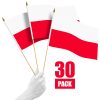 G128 30 Pack Handheld Poland Polish Stick Flags | 12x18 In | Printed 150D Polyester, Country Flag, Solid Wooden Stick, Spear Gold Tip