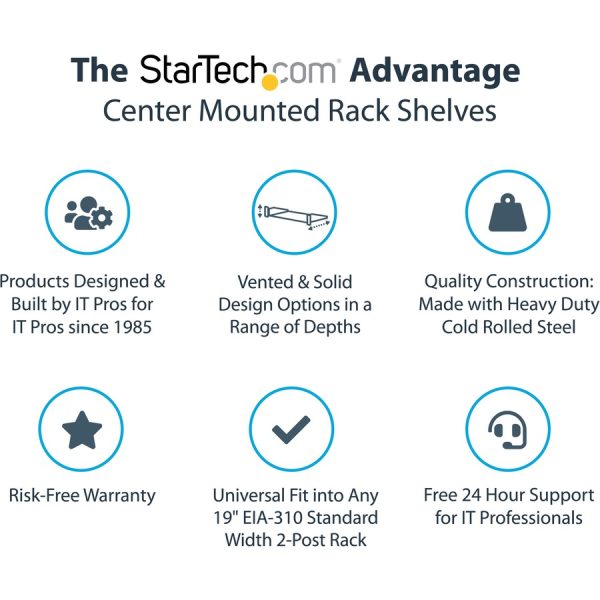 StarTech.com 2 Post Server Rack Shelf - Vented - Center Mount - Up to 75 lb. - 2 post Network Rack Shelf (CABSHF2POSTV2) - Image 2