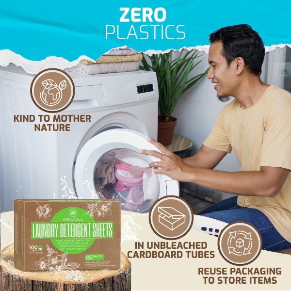 Laundry Sheets Fresh 100 Loads   Zero Waste Plastic Free Natural Soap Detergent   Travel Size Essentials for Washing Clothes - Image 3