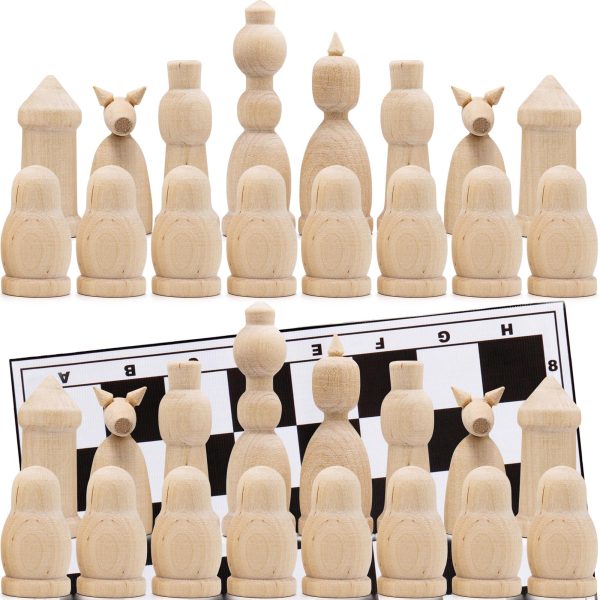 Unfinished Wood Chess Pieces with Vinyl Chess Board   Paint Your Own Chess Set   Blank Chess Sets DIY Arts and Crafts   Chess Gifts for Chess Players