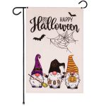 G128 Garden Flag Happy Halloween Three Gnomes Spider Web 12"x18" Burlap Fabric