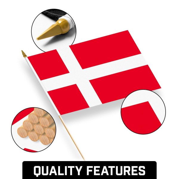 G128 30 Pack Handheld Denmark Danish Stick Flags | 12x18 In | Printed 150D Polyester, Country Flag, Solid Wooden Stick, Spear Gold Tip - Image 8