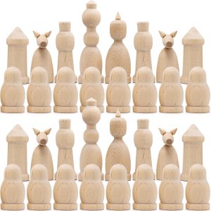 Unfinished Wood Chess Pieces Only Set of 32 pcs   Paint Your Own Chess Set   Blank Chess Sets for DIY  Wooden Peg Dolls Unfinished for Arts and Crafts