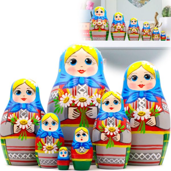 AEVVV Russian Nesting Dolls Set of 7 pcs   Matryoshka Doll in Belarussian Traditional Dress   Russian Doll with Cornflowers Spikelets and Chamomile Flowers