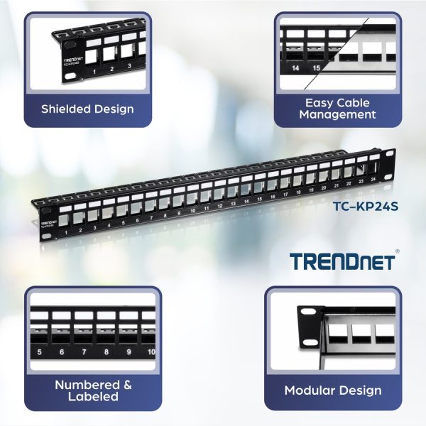 TRENDnet 24-Port Blank Keystone Shielded 1U Patch Panel, 1U 19" Rackmount Housing, Protects Against EMI/RFI Noise, Recommended With TC-K06C6A Cat6A Keystone Jacks (Sold Separately), Black, TC-KP24S - Image 6