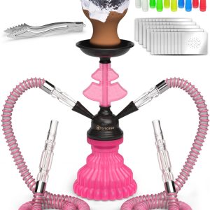 Pink Hookah Set 2 Hose Hookah – LilOne 12” Pink Mini Hookah Combo Kit Shisha Hookah Set with Prepunched Foil Hookah Bowl Disposable Tips Mouthpiece Tongs Portable Hookah Pipe