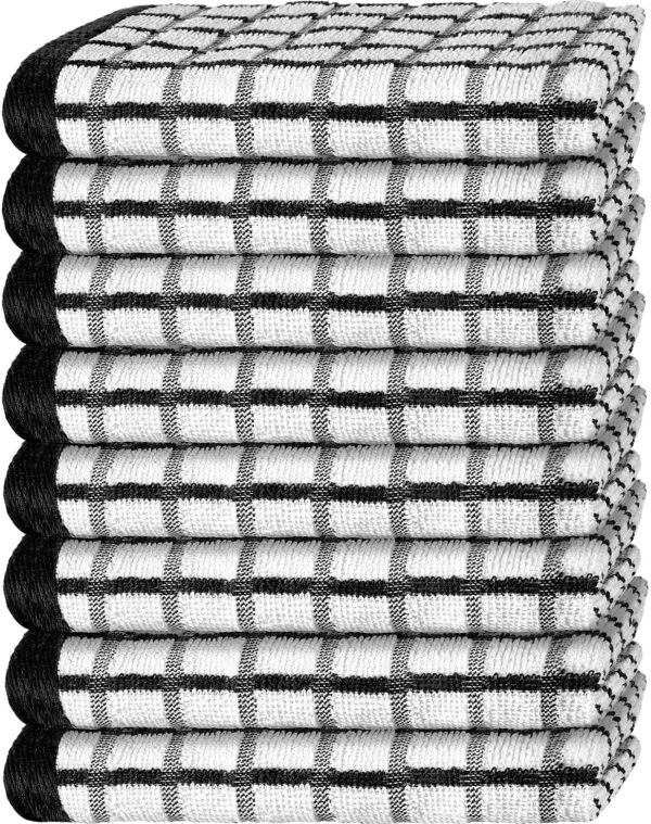 Premium Dish Towels for Kitchen with Hanging Loop [8 Pack] Heavy Duty Absorbent 100% Cotton 410 GSM Terry Kitchen Towels 16x26 (Black)