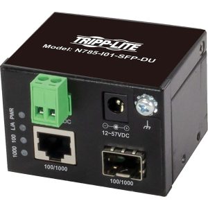 Eaton Tripp Lite Series Unmanaged Industrial Gigabit Fiber to Ethernet Media Converter, 10/100/1000 Mbps, RJ45/SFP, -40° to 75°C, DC Power, TAA
