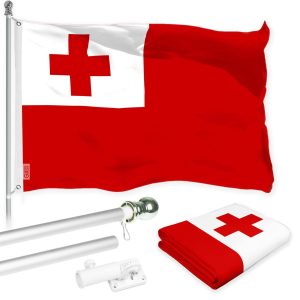 G128 Combo Pack: 6 Ft Tangle Free Aluminum Spinning Flagpole (Silver) & Tonga Tongan Flag 3x5 Ft, LiteWeave Pro Series Printed 150D Polyester | Pole with Flag Included