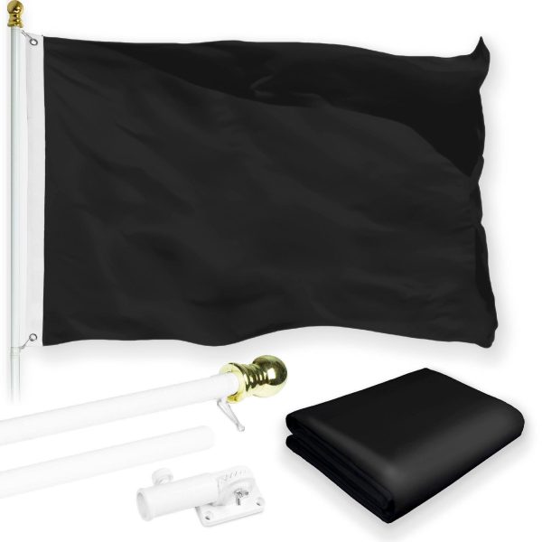 G128 Combo Pack: 5 Ft Tangle Free Aluminum Spinning Flagpole (White) & Solid Black Color Flag 2x3 Ft, LiteWeave Pro Series Printed 150D Polyester | Pole with Flag Included