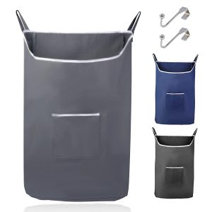 The Fine Living Co. X Large Hanging Laundry Hamper with Over Door Hooks & Adhesive Durable Space Saving Laundry Bag with Zipper and Wide Open TopHanging Dorm Laundry Hamper 20 x3.75 x31 (Grey XL)