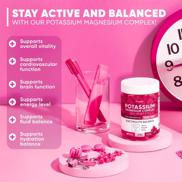 Potassium Magnesium Complex Gummies for Women and Men, High Absorption Potassium Citrate Supplement for Hydration, Muscle & Heart Health Support, Raspberry Flavor, Sugar-Free, 60 Veggie Gummies - Image 4