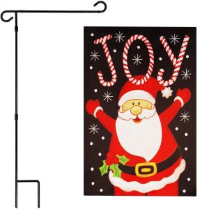 G128 Combo Pack: Garden Flag Stand Black 36 in x 16 in & Garden Flag Christmas Decoration Joyful Santa 12"x18" Double-Sided Blockout Fabric