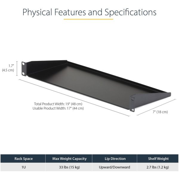 StarTech.com 1U Server Rack Cabinet Shelf - Fixed 7" Deep Cantilever Rackmount Tray for 19" Data/AV/Network Enclosure w/cage nuts, screws - Image 3