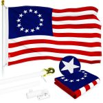 G128 Combo Pack: 5 Ft Tangle Free Aluminum Spinning Flagpole (White) & Betsy Ross Flag 2.5x4 Ft, ToughWeave Series Embroidered 300D Polyester | Pole with Flag Included