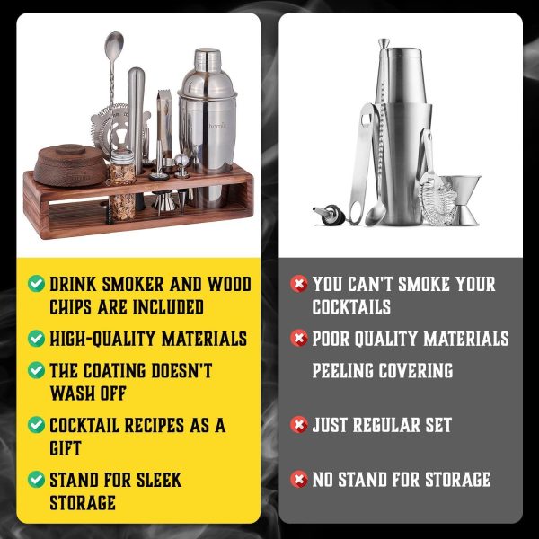 Bartender Kit with Whiskey Smoker  13 pcs Pine Stand  Bar Set with Cocktail Shaker Bartending Kit with Essential Bar Accessory Tools Wood Chips Steel (Torch not Included) - Image 7