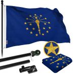 G128 Combo Pack: 5 Ft Tangle Free Spinning Flagpole (Black) & Indiana Flag 2x3 Ft Embroidered 220GSM Spun Polyester, Brass Grommets (Flag Included) Aluminum Flag Pole