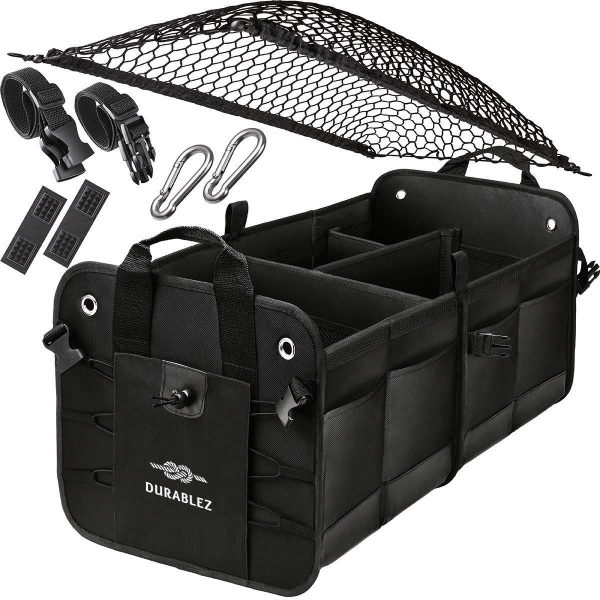 Trunk Organizer with Covering Net Attachable Non Slip Pads and Stainless Hooks Black