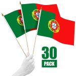 G128 30 Pack Handheld Portugal Portuguese Stick Flags | 12x18 In | Printed 150D Polyester, Country Flag, Solid Wooden Stick, Spear Gold Tip