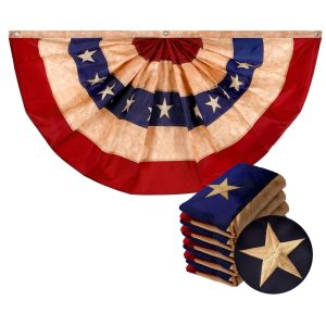 G128 - 5 Pack: USA Tea Stained Pleated Fan Flag 3x6FT Embroidered Polyester Stars and Stripes