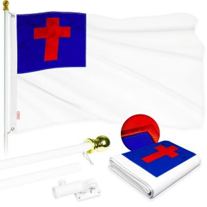 G128 Combo Pack: 5 Ft Tangle Free Aluminum Spinning Flagpole (White) & Christian Flag 2x3 Ft, ToughWeave Series Embroidered 300D Polyester | Pole with Flag Included