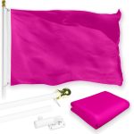 G128 Combo Pack: 5 Ft Tangle Free Aluminum Spinning Flagpole (White) & Solid Pink Color Flag 2x3 Ft, LiteWeave Pro Series Printed 150D Polyester | Pole with Flag Included