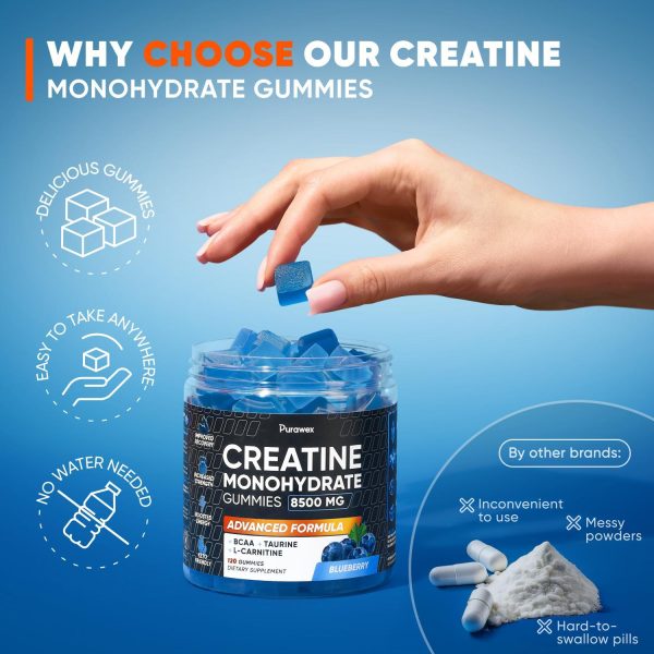 Creatine Monohydrate Gummies 8500mg Complex for Men & Women, Preworkout Gummy with L-Carnitine, BCAA, Taurine for Muscle Growth, Strength & Energy Support, Sugar Free, Vegan,Blueberry Flavor,120 Count - Image 6