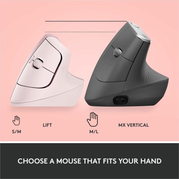 Logitech Lift Vertical Ergonomic Mouse, Wireless, Bluetooth or Logi Bolt USB receiver, Quiet clicks, 4 buttons, Rose - Image 10