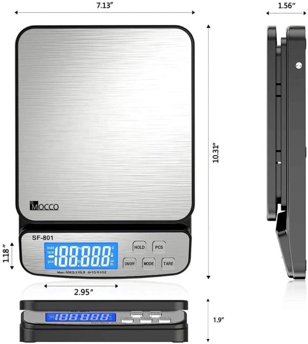 110 LB 50KG Digital Postal Scale, MOCCO Heavy Duty Stainless Steel Multifunctional Shipping Scale 0.1oz   1g Accuracy with Tare Hold and Counting Function for UPS USPS Floor Bench Office Weight - Image 3
