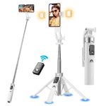 Selfie Stick Tripod with Remote and 2 Fill Light    Phone Tripod Compact 50'' Cell Phone Stand New Travel Wireless Bluetooth Selfie Stick Compatible with iPhone & Smartphones (White)