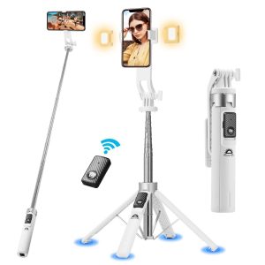 Selfie Stick Tripod with Remote and 2 Fill Light    Phone Tripod Compact 50'' Cell Phone Stand New Travel Wireless Bluetooth Selfie Stick Compatible with iPhone & Smartphones (White)