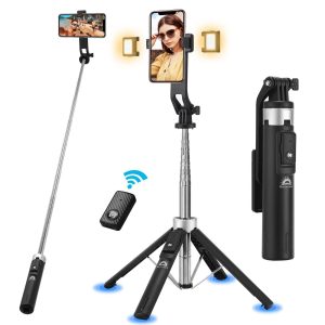 Selfie Stick Tripod with Remote and 2 Fill Light    Phone Tripod Compact 50'' Cell Phone Stand New Travel Wireless Bluetooth Selfie Stick Compatible with iPhone & Smartphones (Black)