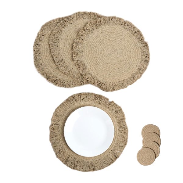 The Fine Living Co. Braided Cotton Placemats (Set of 4 15 Inches) with 4 Free Coasters Washable Anti Slip Heat Resistant Mats Boho Woven Round Table Mats for House Decor Kitchen and Dining