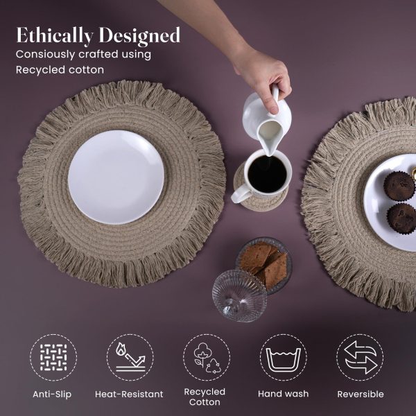The Fine Living Co. Braided Cotton Placemats (Set of 4 15 Inches) with 4 Free Coasters Washable Anti Slip Heat Resistant Mats Boho Woven Round Table Mats for House Decor Kitchen and Dining - Image 4
