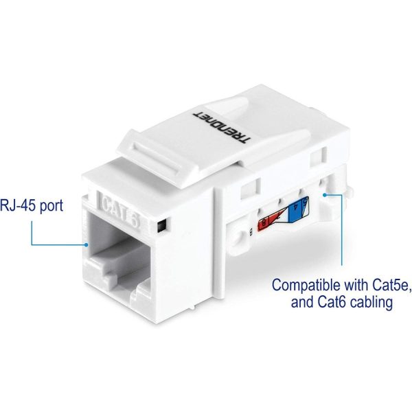 TRENDnet Cat6 Keystone Jack, 25-Pack Bundle, 90° Angle Termination, Compatible With Cat5, Cat5e, Cat6 Cabling, Color-Coded Labeling, Gold-Plated Contacts, Tool-less Design, White, TC-K25C6 - Image 4