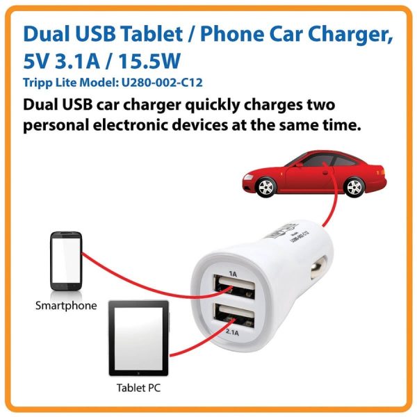 Eaton Tripp Lite Series Dual-Port USB Tablet / Phone Car Charger, 5V 3.1A / 15.5W - Image 2